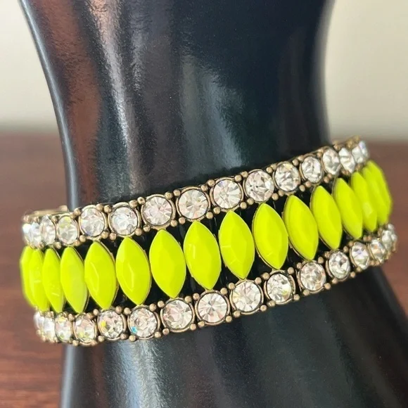 JCREW NWT rhinestone brass neon yellow stretch bracelet prom - Picture 3 of 14